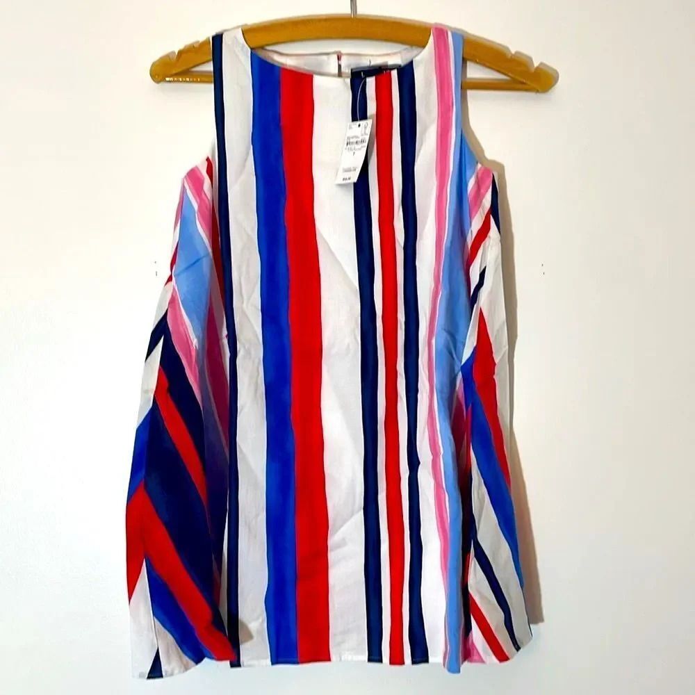 Lands’ End Blue White Red Striped Little Girls Trapeze Style Dress Sz S (7) NWT